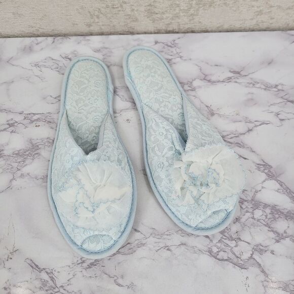 Angel Treads Vintage Blue Lace Women's House Slippers 60s Peep Toe - Picture 2 of 10
